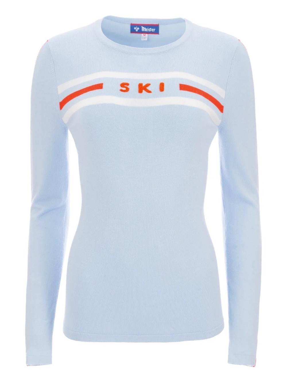 Meister Ski Sweater Women Light Blue Retro Alpine Apres Ski Patch Intarsia